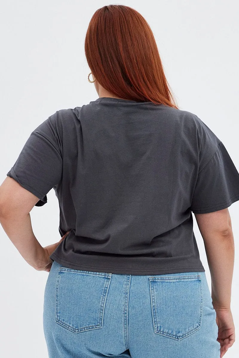 Sporty Design Black Graphic T-shirt La Washed Crop Cotton