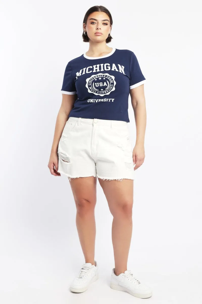 Blue Graphic T Shirt Short Sleeve Crew Neck Thermal Regulating Layer GentleWashResistance