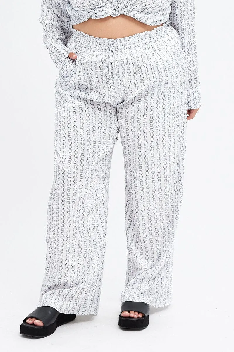 White Print Wide Leg Pants High Rise Satin Light Fit