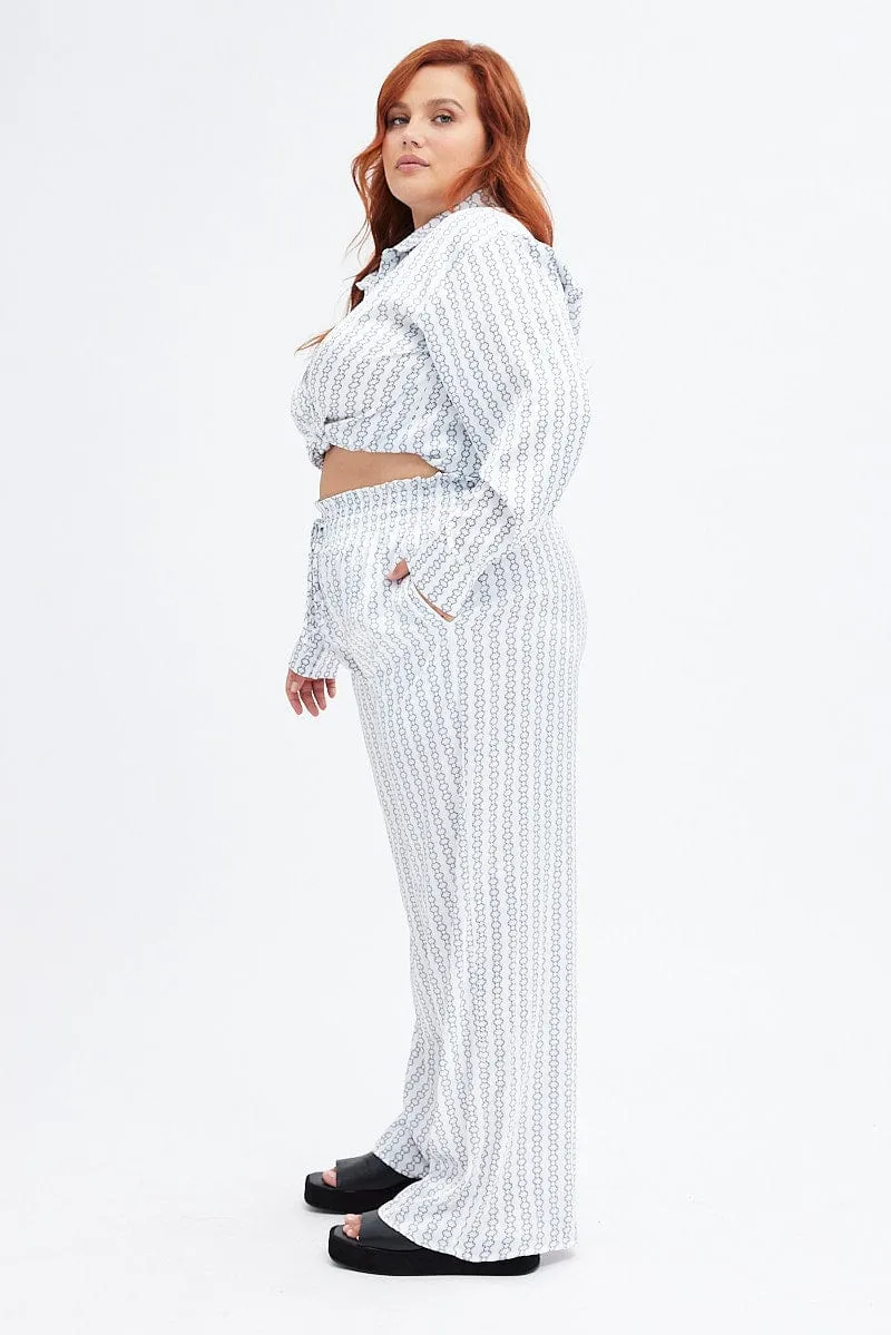 White Print Wide Leg Pants High Rise Satin Hip Friendly Pockets
