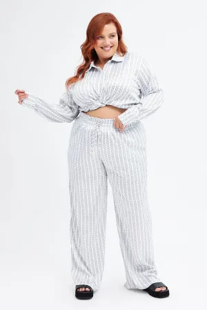 Urban Cool White Print Wide Leg Pants High Rise Satin