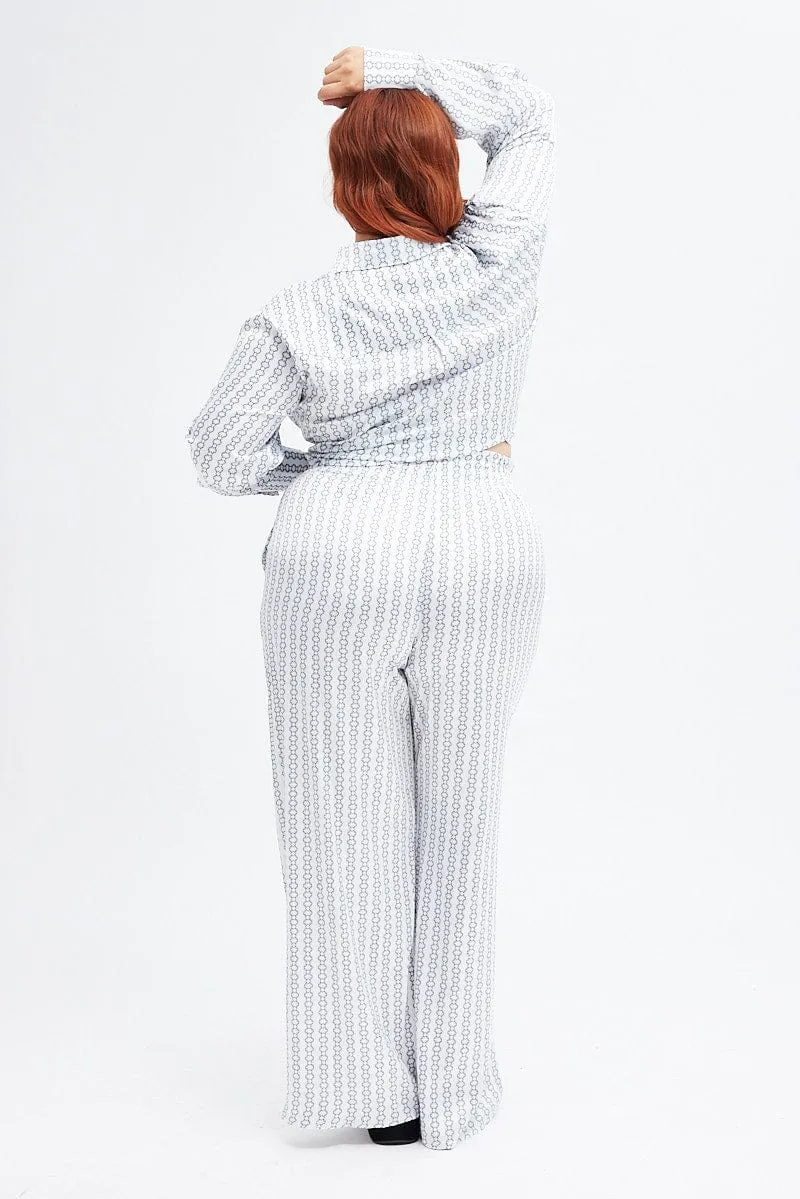 Travel-Ready Seasonal Wear White Print Wide Leg Pants High Rise Satin