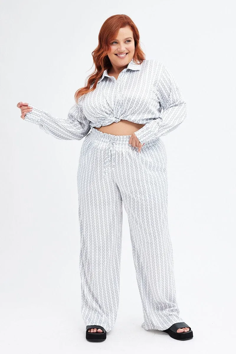Urban Cool White Print Wide Leg Pants High Rise Satin