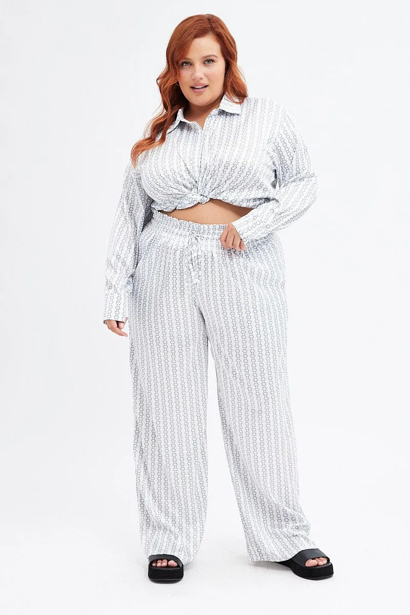 Cool Weather White Print Wide Leg Pants High Rise Satin