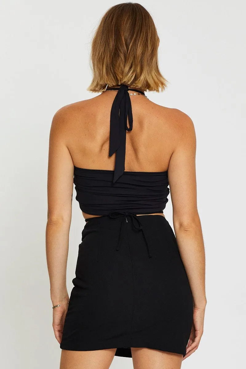 light texture Black Mini Skirt Front Slit