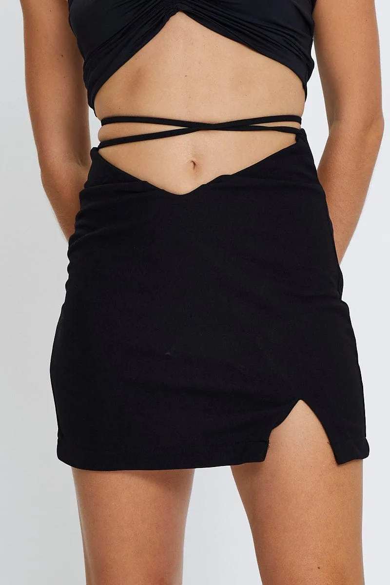 Adjustable Closure Fair trade Black Mini Skirt Front Slit