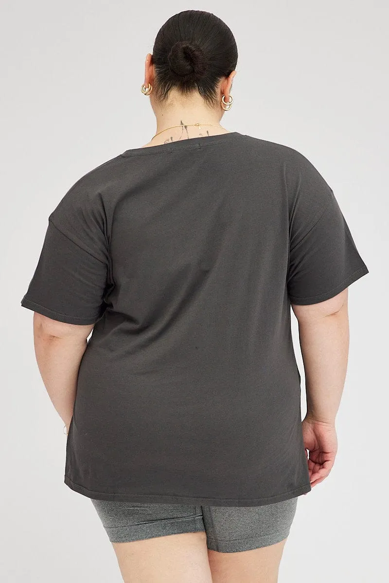 Grey Graphic T-shirt Short Sleeve Crew Neck Vintage Style
