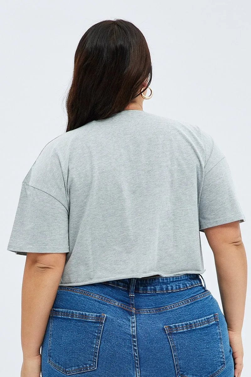 Grey Graphic Crop T-shirt Short Sleeve Crew Neck NoSideSeams