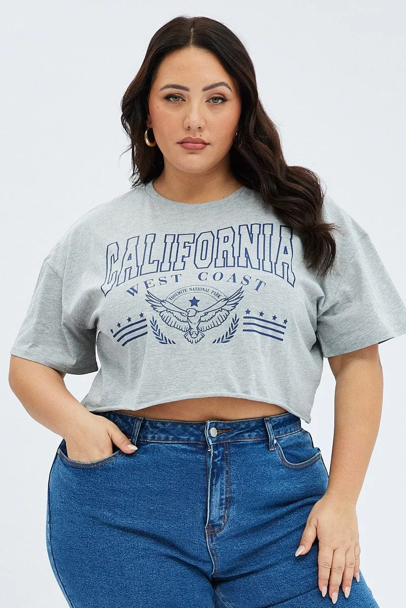 Grey Graphic Crop T-shirt Short Sleeve Crew Neck Soft Wear graduation