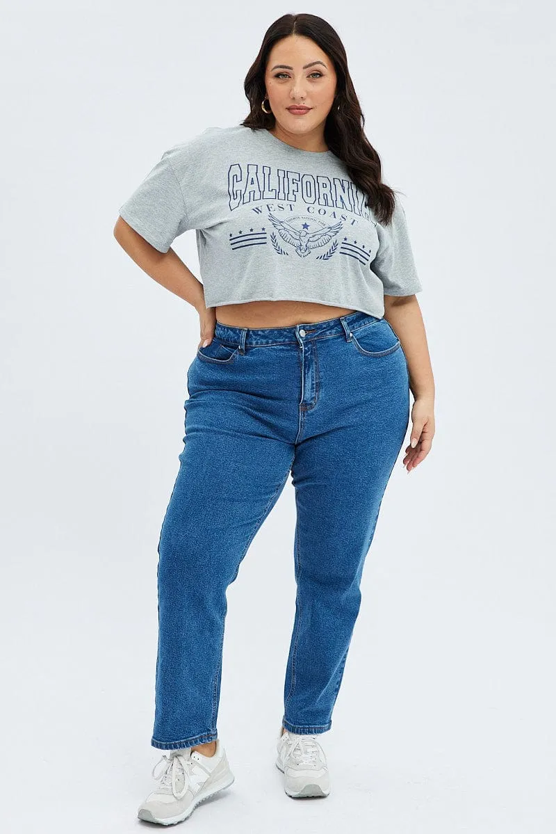 Sporty Top Grey Graphic Crop T-shirt Short Sleeve Crew Neck