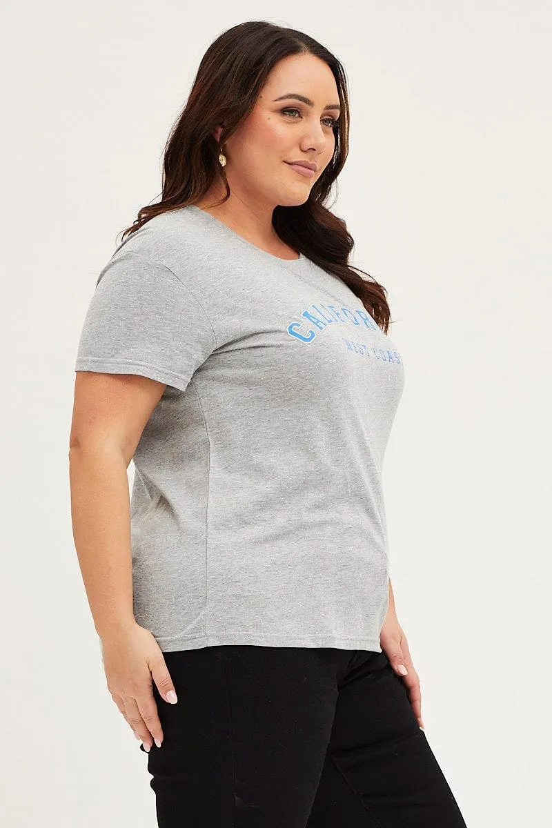 Grey Graphic T-shirt California Short Sleeve Cotton Breathable Layer Flexible Shoulder Seams