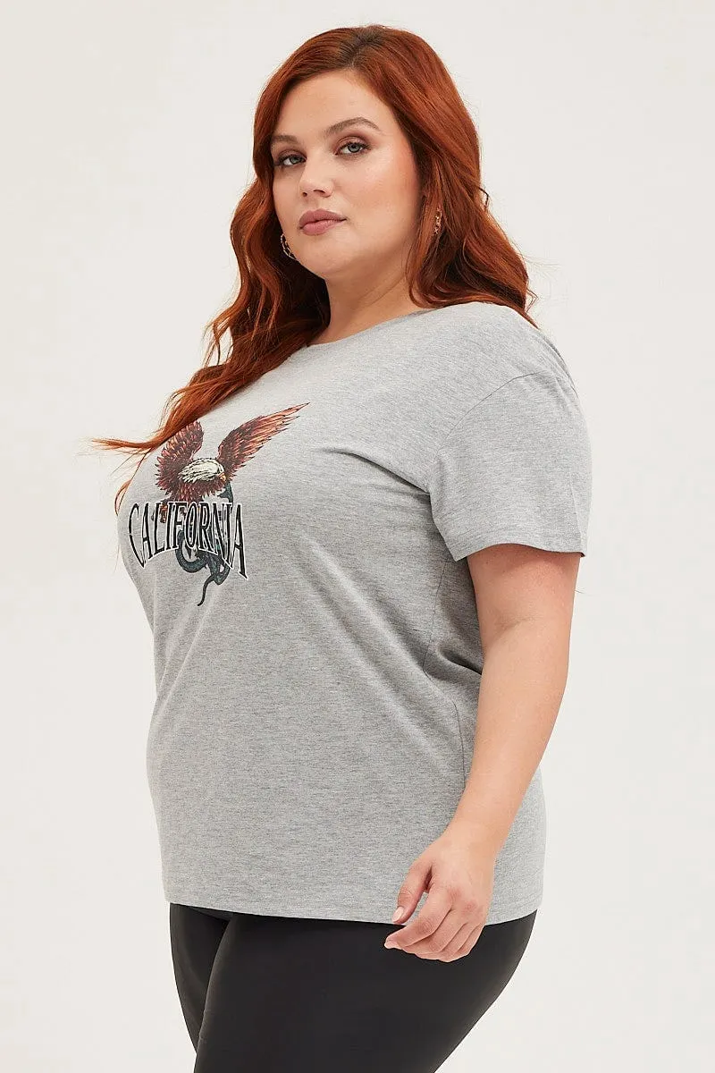 slim fit Grey Graphic T-shirt Eagle 1989 Short Sleeve Cotton