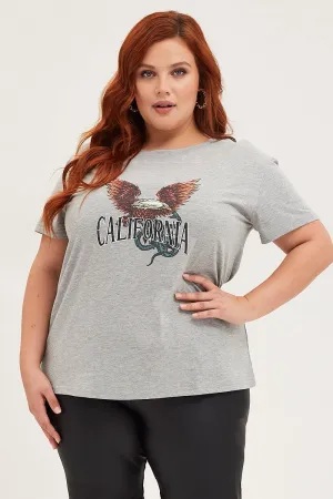 Ribbed Collar Trim waterproof Grey Graphic T-shirt Eagle 1989 Short Sleeve Cotton