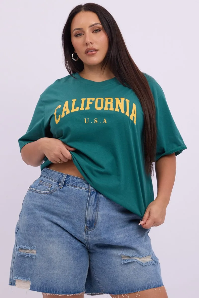 Green Graphic T shirt Short Sleeve Crew Neck Street Fashion