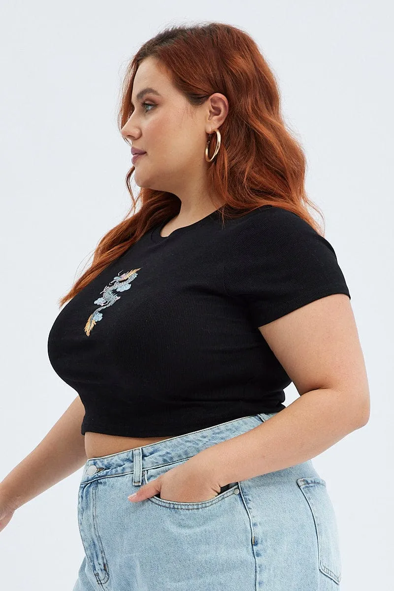 Black Crop Top Dragon Print Rib Short Sleeve Modern Style discount offer