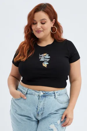 Black Crop Top Dragon Print Rib Short Sleeve Comfy and Versatile