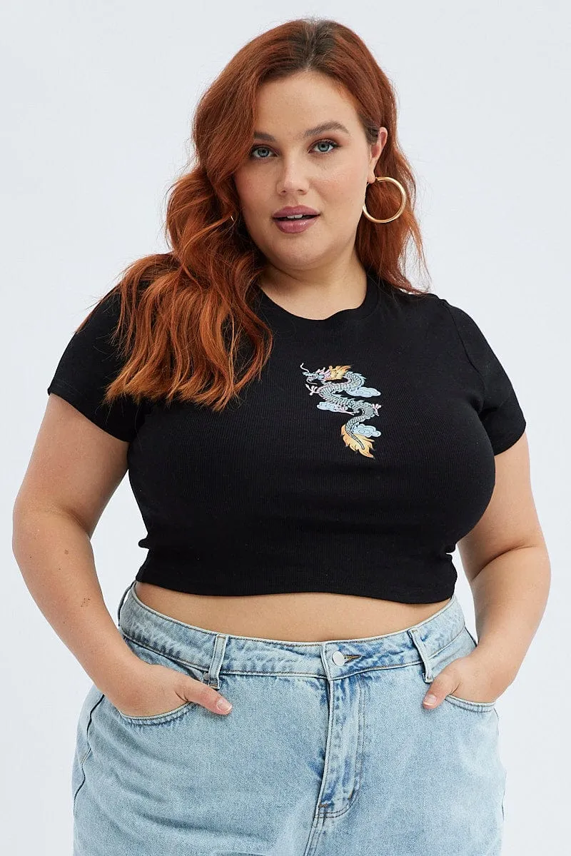 Black Crop Top Dragon Print Rib Short Sleeve Essential Fashion