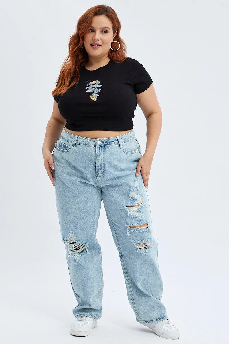 Indoor Comfort Black Crop Top Dragon Print Rib Short Sleeve