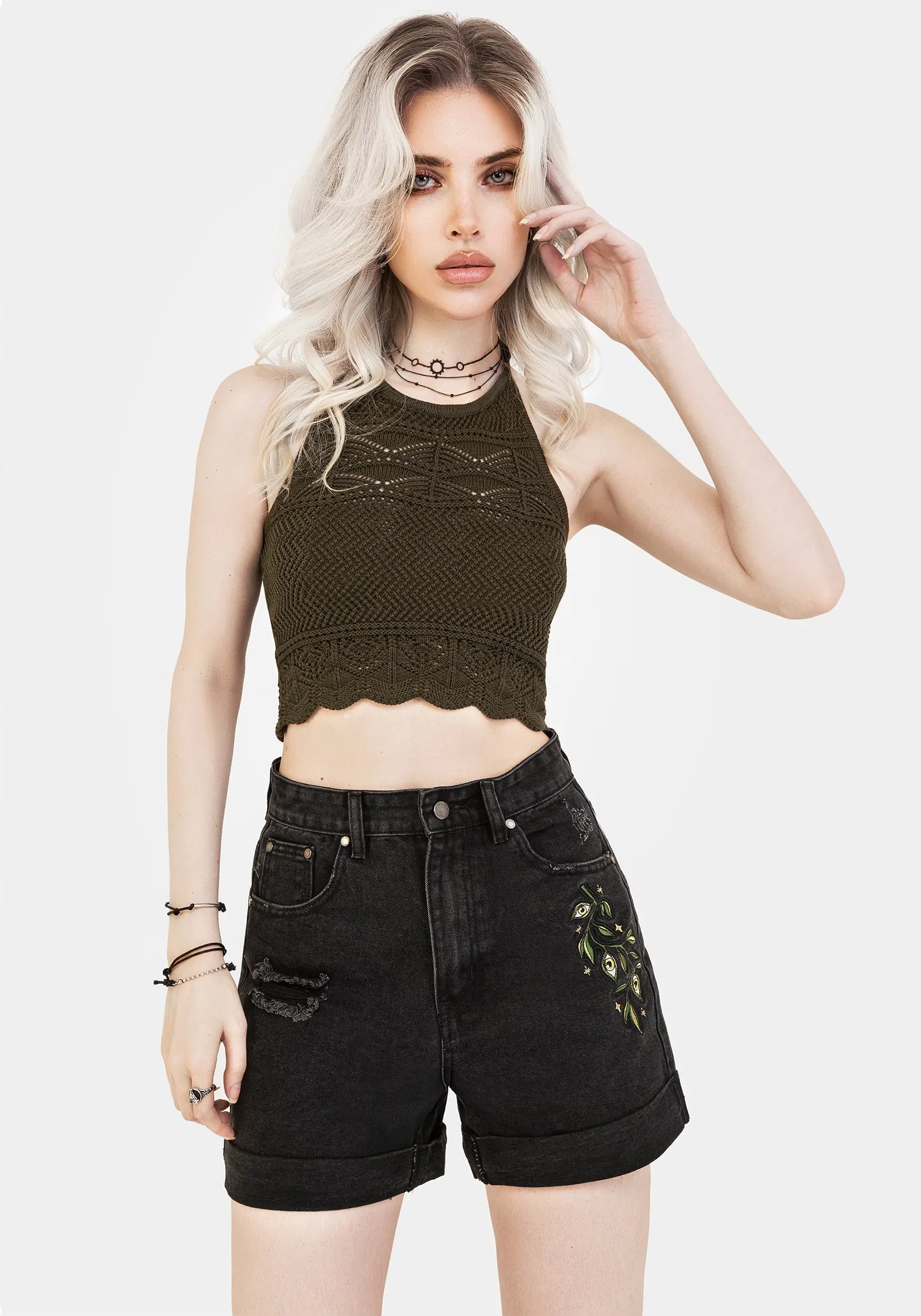 Handmade Swamplife Embroidered Denim Shorts