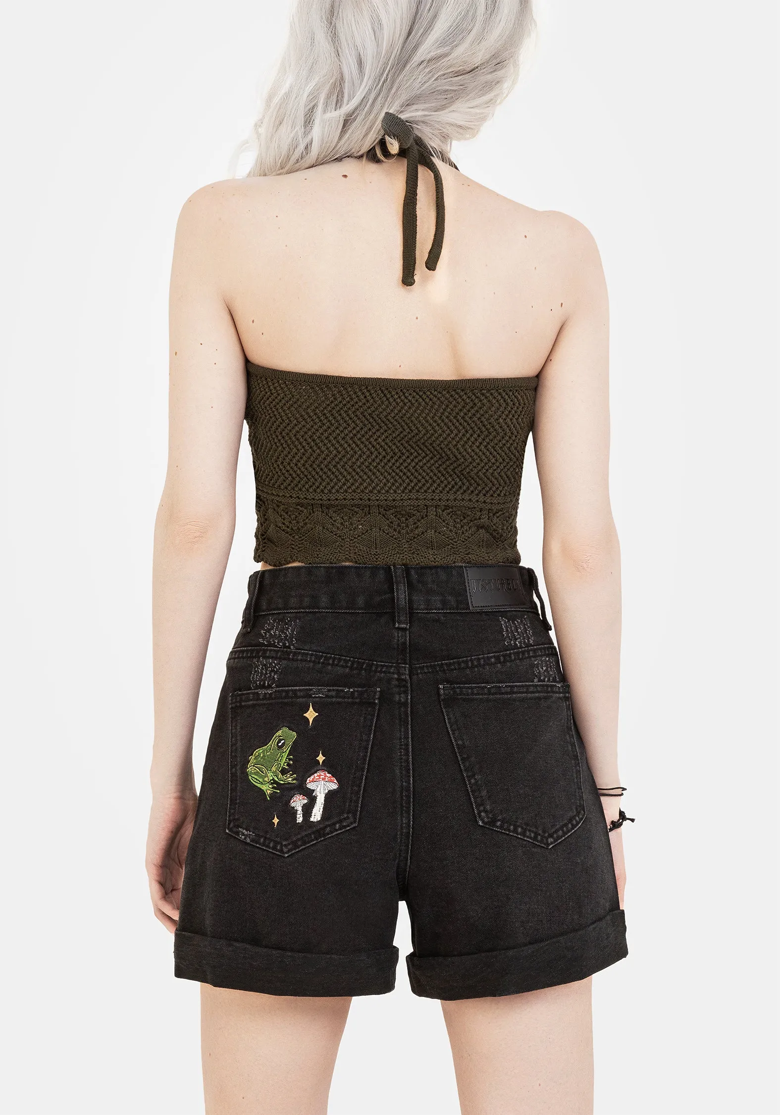 Swamplife Embroidered Denim Shorts Stretch waistband