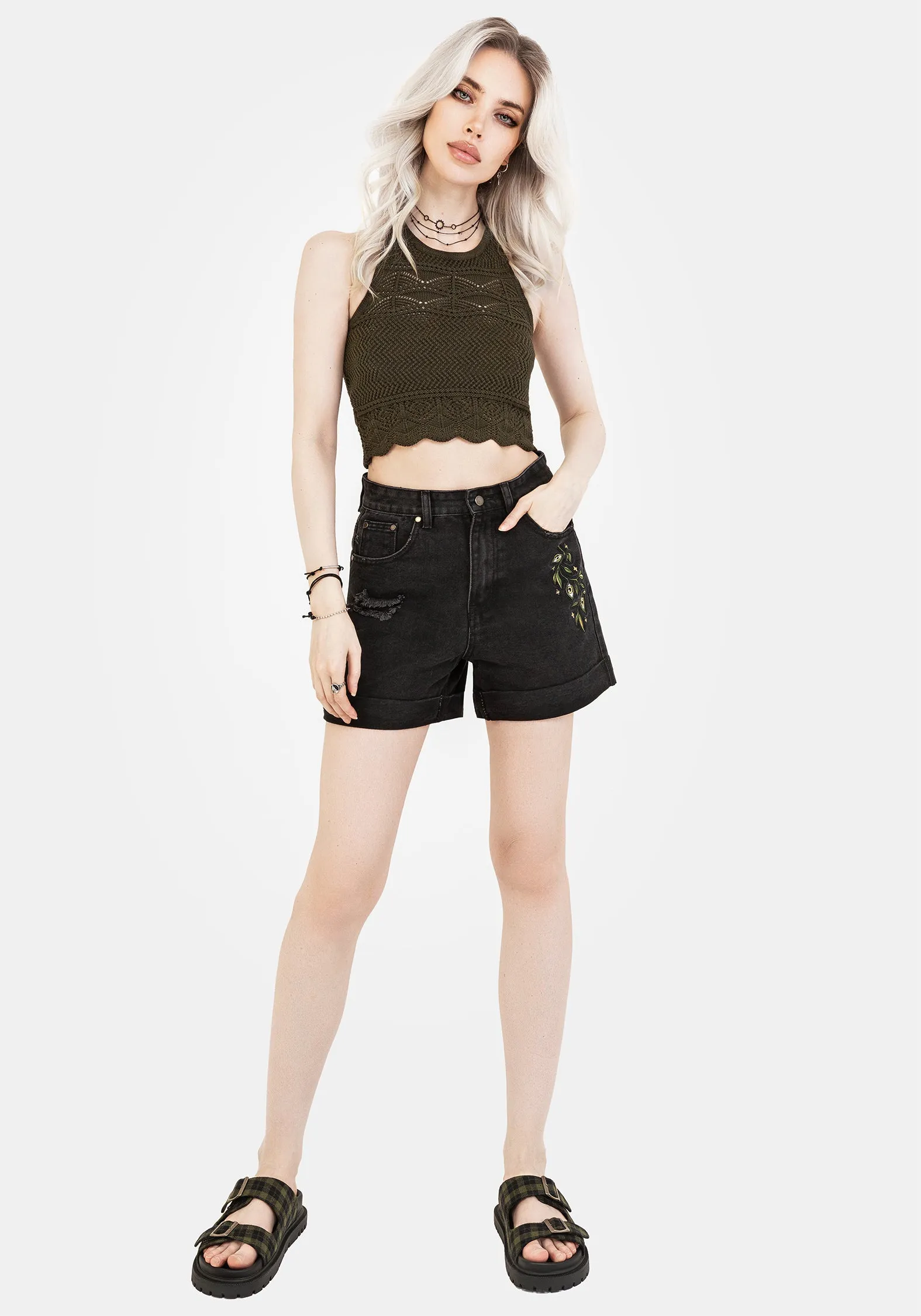 Swamplife Embroidered Denim Shorts Flexible Gusset Design Bohemian style
