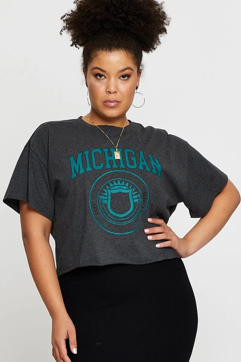 Grey Crop T-shirt Michigan Short Sleeve Cotton Semi Essential Casual Perfect Layer Wear