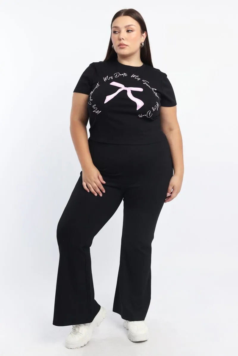 Black Graphic T Shirt Short Sleeve Crew Neck Everyday Layering soft look
