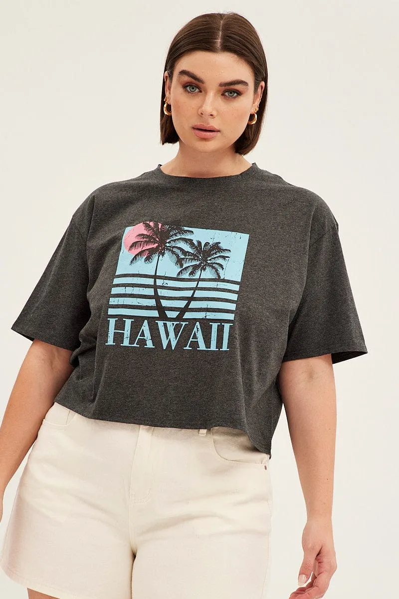 Grey Graphic T-shirt Crop Hawaii Cotton Sun Protection