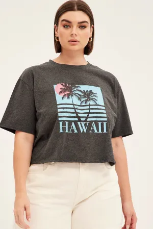 Grey Graphic T-shirt Crop Hawaii Cotton Classic Design