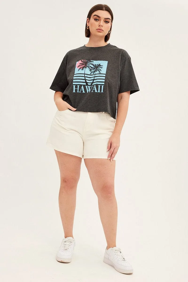 Grey Graphic T-shirt Crop Hawaii Cotton Cool Layering