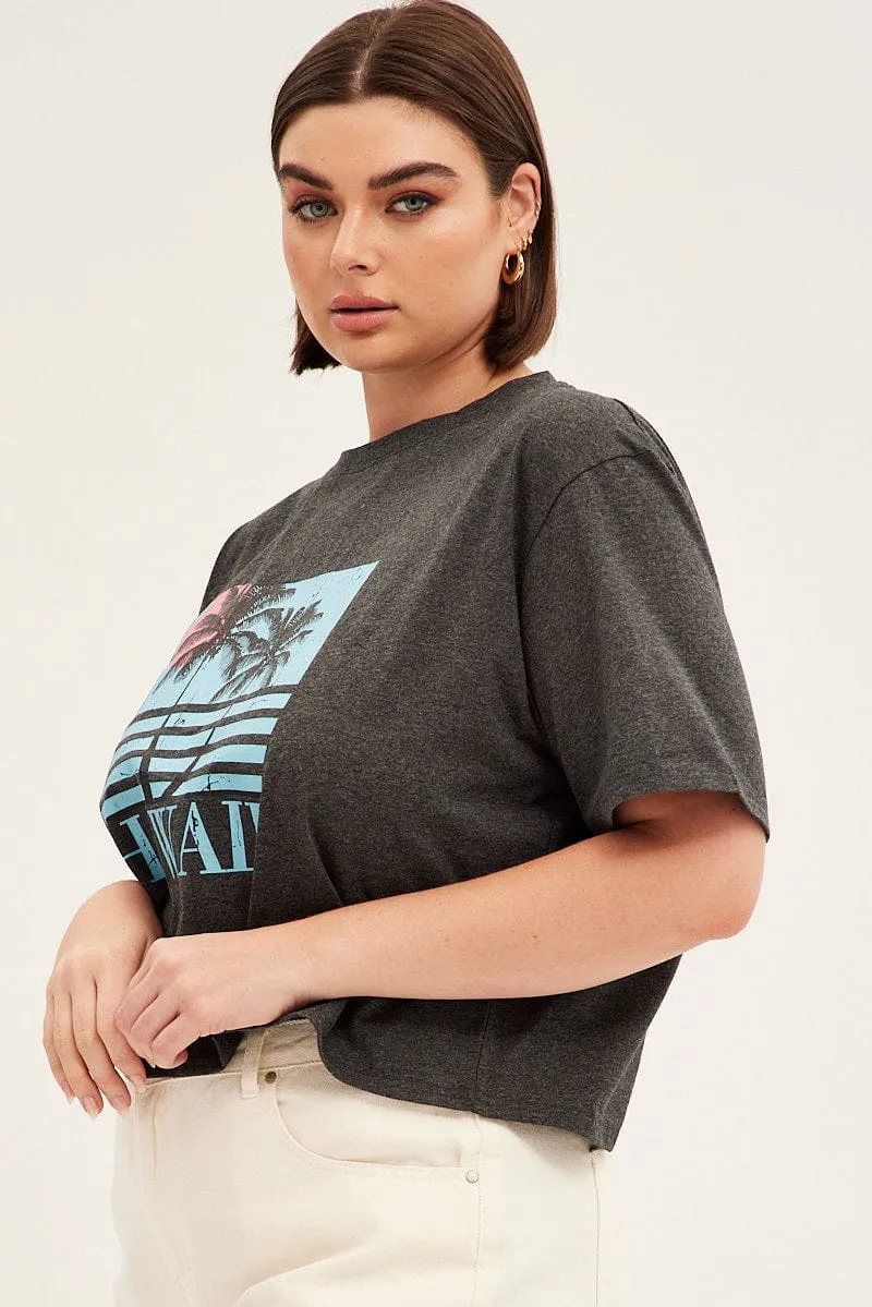 Grey Graphic T-shirt Crop Hawaii Cotton ReinforcedNeckline Casual Appeal