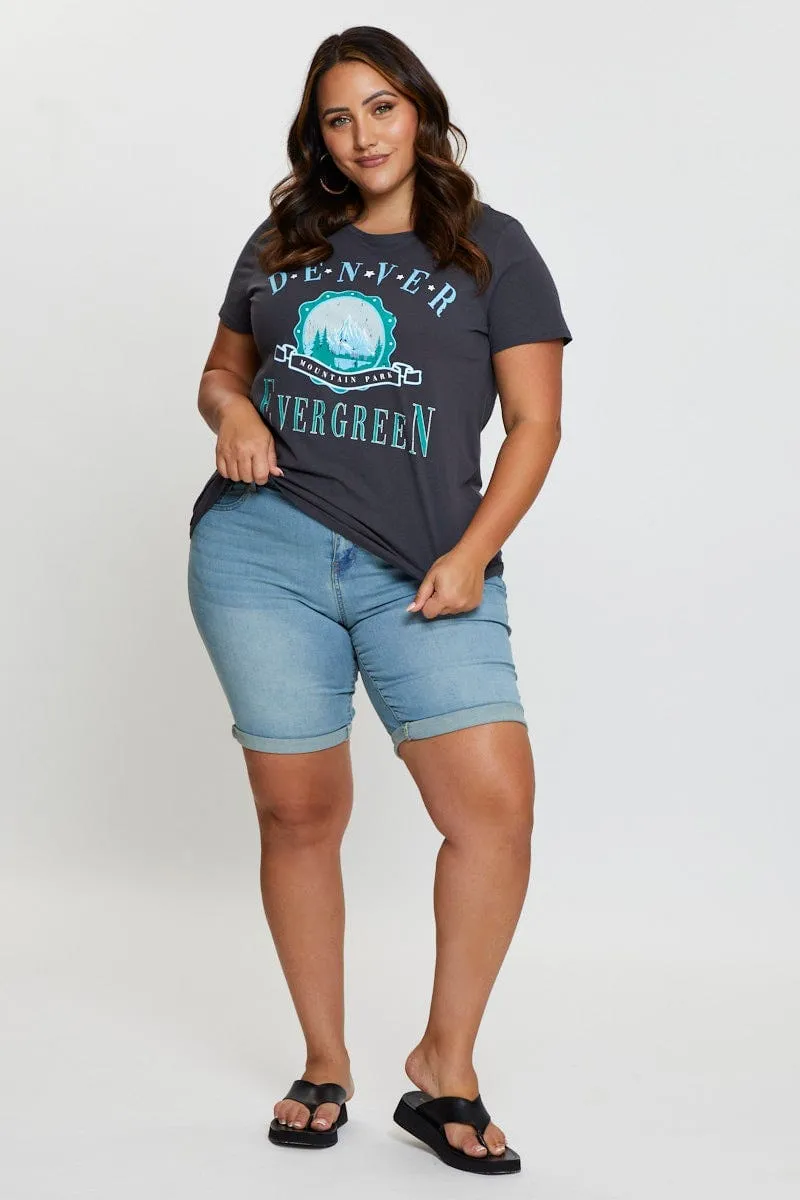 Grey Graphic T-shirt Denver Short Sleeve Cotton suitable for all genders