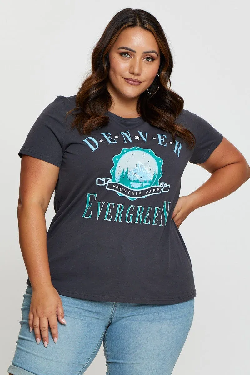 Basic Comfort Grey Graphic T-shirt Denver Short Sleeve Cotton