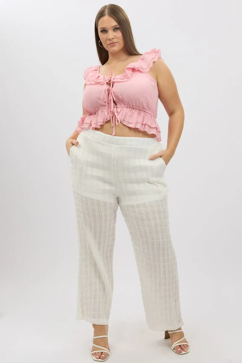 Stretch Motion White Crinkle Texture Wide Leg Pants