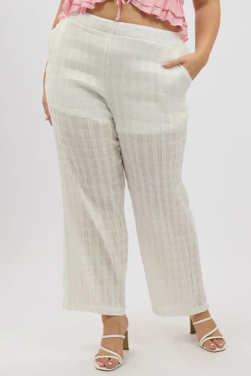 Durable Fabric Casual Comfort Look White Crinkle Texture Wide Leg Pants