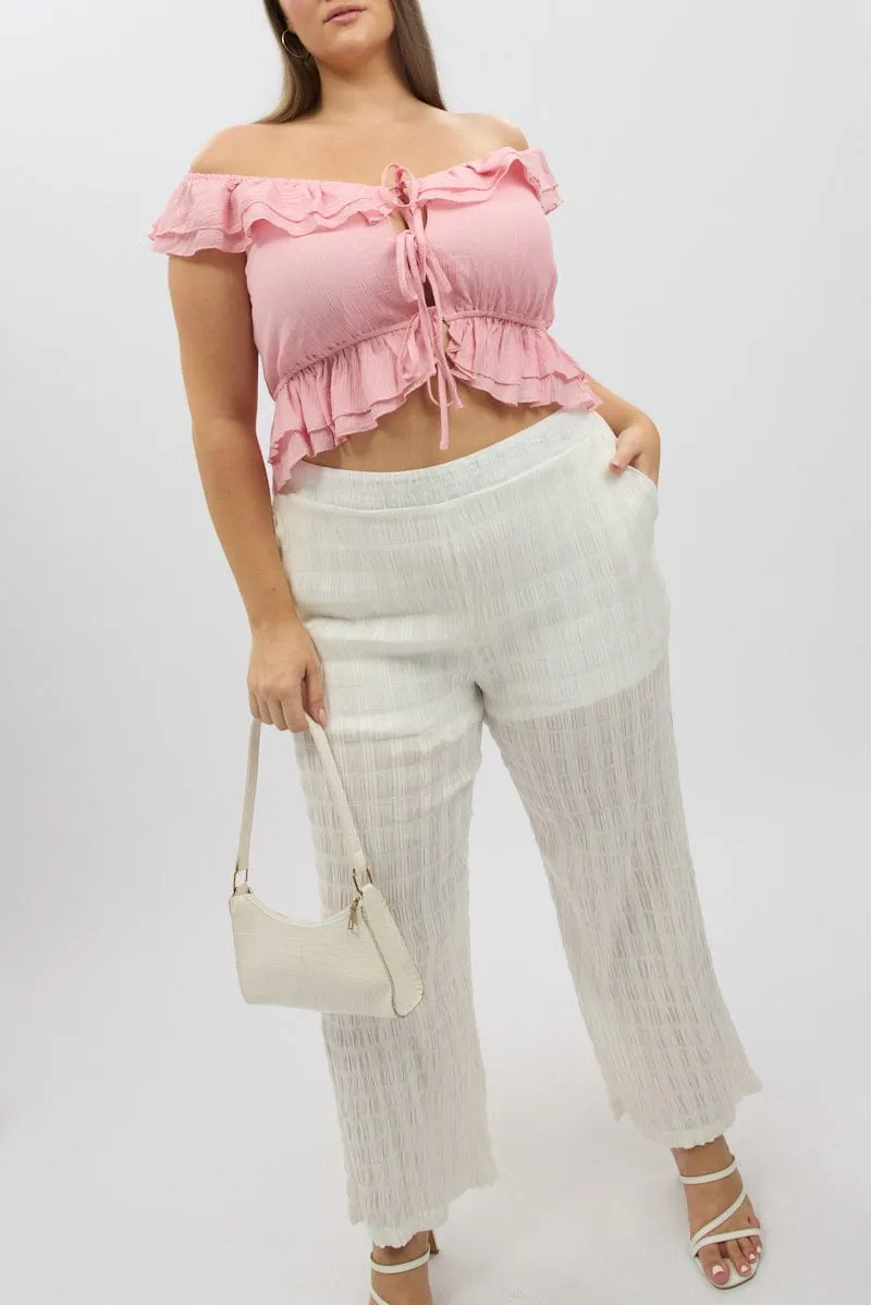 Versatile Wearable White Crinkle Texture Wide Leg Pants