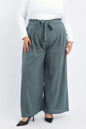 RecycledMaterial Green Washer Cotton Paperbag Wide Leg Pants