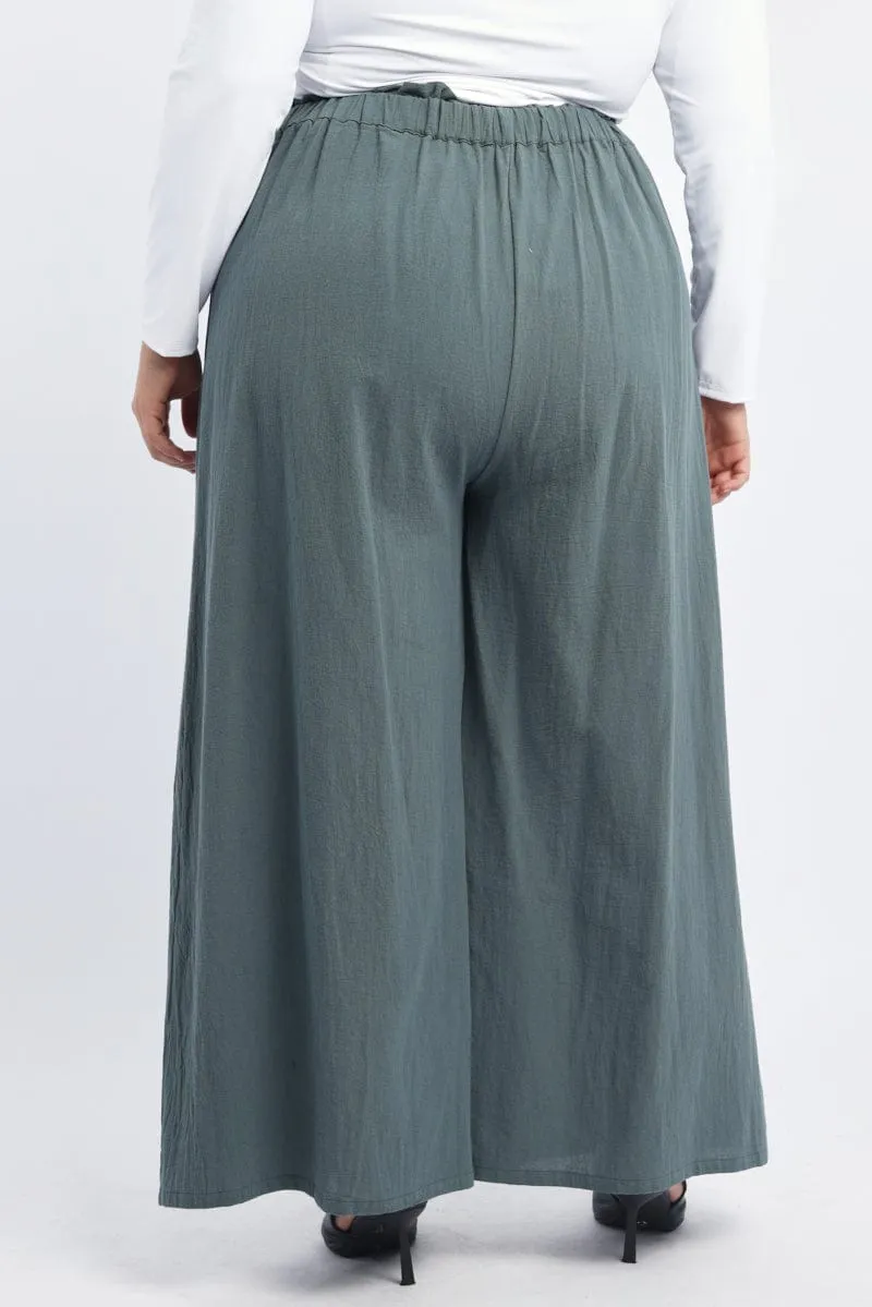 Green Washer Cotton Paperbag Wide Leg Pants windproof Modern Edge