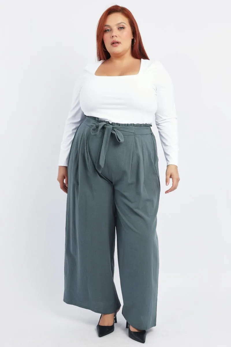 Abrasion Resistant Panels Green Washer Cotton Paperbag Wide Leg Pants