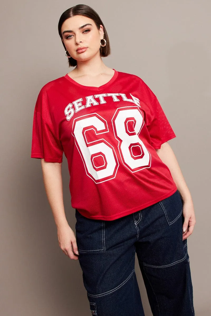 Red Graphic T-shirt Short Sleeve V-Neck Oversized Minimal Style Trend