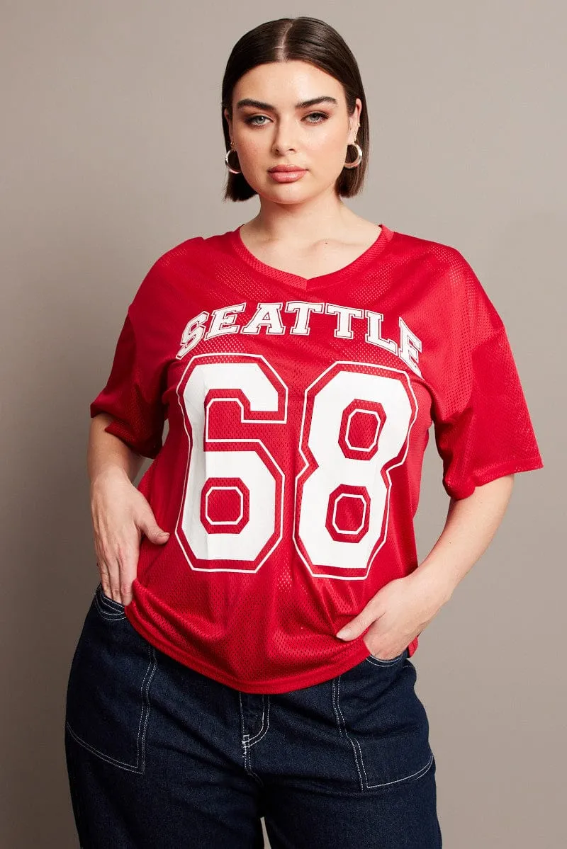Red Graphic T-shirt Short Sleeve V-Neck Oversized Classic Outfit Pre Shrunk Cotton