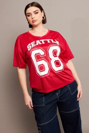 Red Graphic T-shirt Short Sleeve V-Neck Oversized Minimal Style Trend