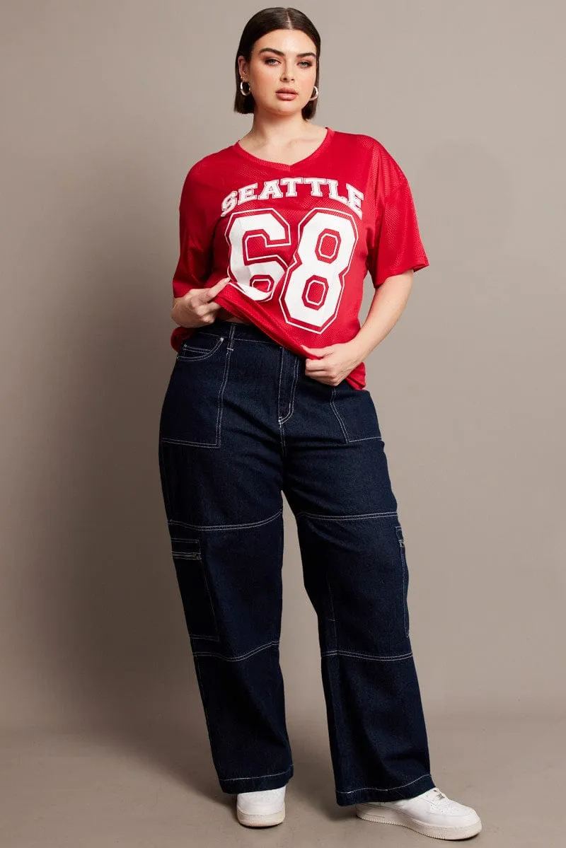 Red Graphic T-shirt Short Sleeve V-Neck Oversized Sporty Look