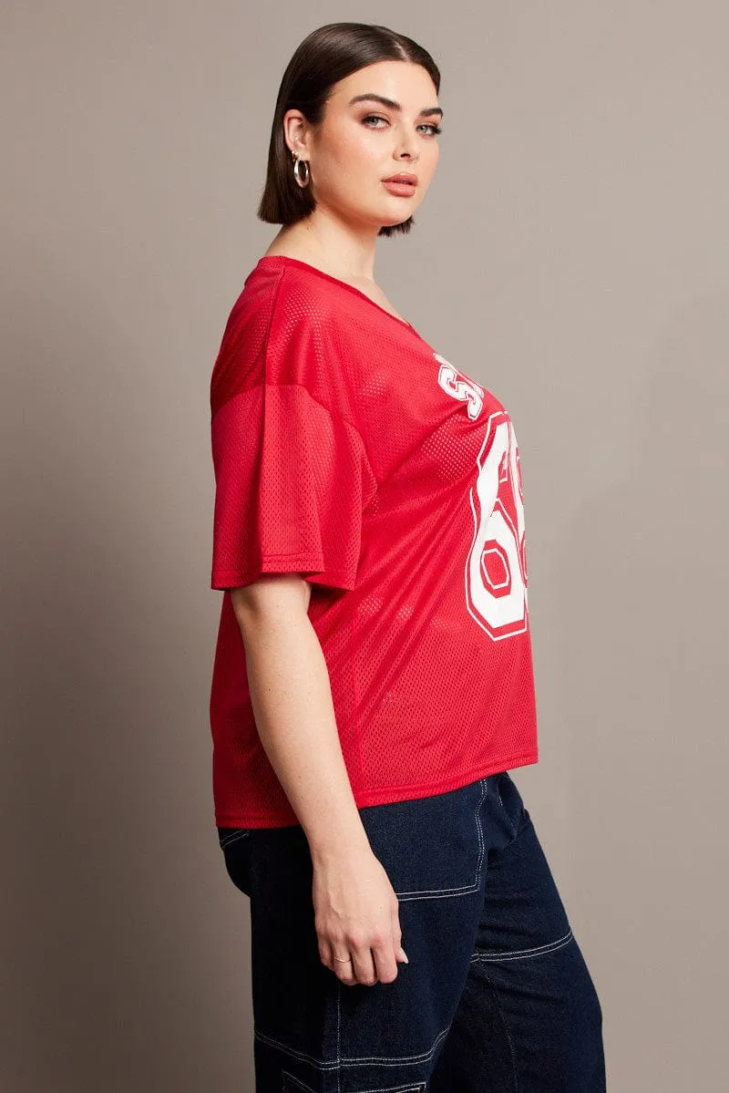 Feminine Appeal Relaxed Wear Red Graphic T-shirt Short Sleeve V-Neck Oversized