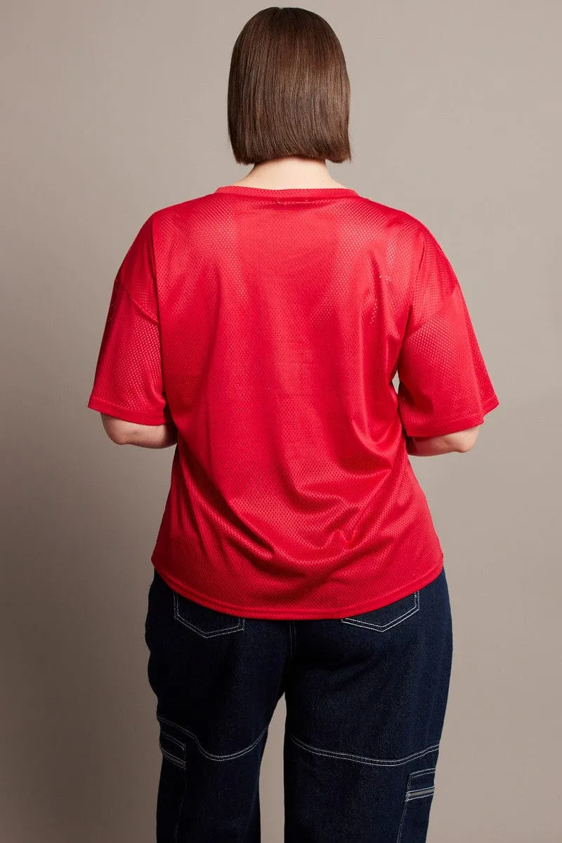 Office Casual Red Graphic T-shirt Short Sleeve V-Neck Oversized