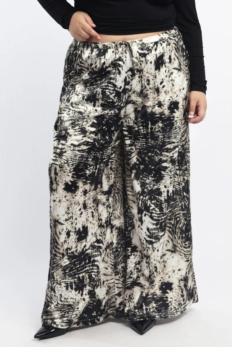 Black Animal Print Drawstring Waist Wide Leg Zebra Pants Rubberized grip