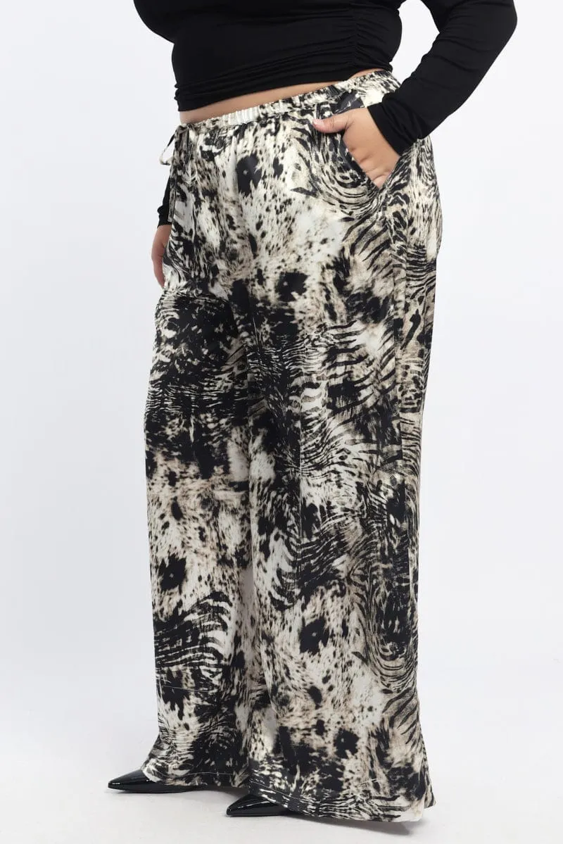 Comfortable Waistband Black Animal Print Drawstring Waist Wide Leg Zebra Pants