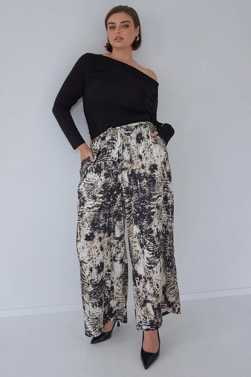 All Day Wear Black Animal Print Drawstring Waist Wide Leg Zebra Pants