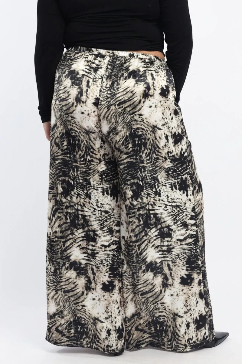 Black Animal Print Drawstring Waist Wide Leg Zebra Pants anti static Soft Interior