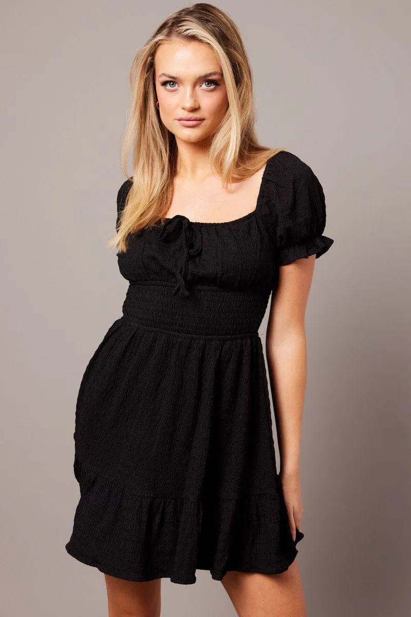 Trendy sneakers Black Fit And Flare Dress Puff Sleeve Textured fabric